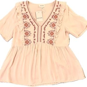 NWT Heyson Babydoll Embroidered V-Neck Boho SS Peasant Ruffled Top Sz Sm